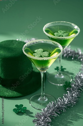 Green Cocktails With Shamrocks and a Festive Hat for a Celebration Event in a...