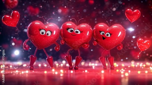 An AI-generated video of a happy red heart dancing, with the whole group celebrating together, surrounded by sparkling hearts and festive magic.