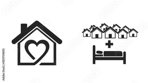 Healthcare and home care symbols depicting heart and bed with houses