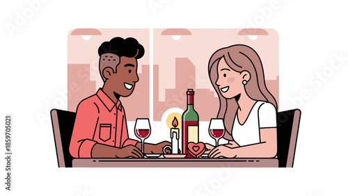 Of a couple enjoying a romantic dinner with wine and candles at a restaurant