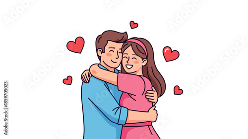 Of a happy couple embracing with hearts around them