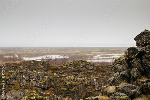 Dramatic rocky overlook of the rift valley in Thingvellir National Park, Iceland.