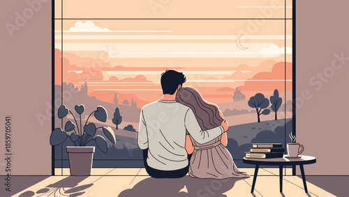 Couple sitting together enjoying a scenic sunset view through a large window at home