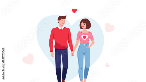 Romantic couple walking hand in hand with hearts and symbols of love.
