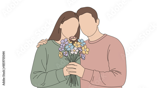 Of a couple holding a bouquet of flowers with faceless design elements