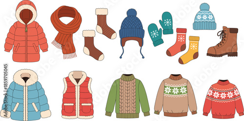 Winter clothing and apparel vector set featuring cozy puffer jackets knit sweaters scarves beanies mittens and boots with snowflake patterns.