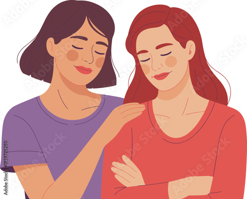 Two women comforting each other illustration isolated on white background, friendship support empathy concept, care, mental health, sisterhood vector art