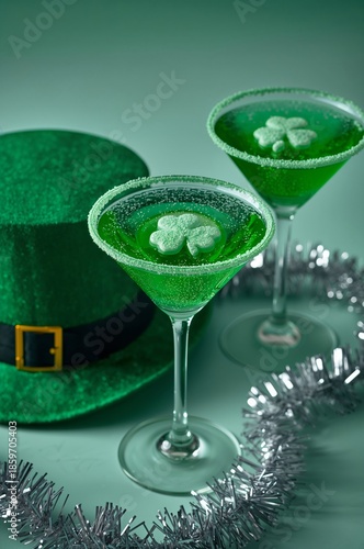 Green Drinks With Shamrock Decorations Near a Green Hat for Celebration Purpose