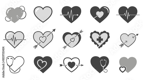 Collection of various heart icons with medical and romantic themes in grayscale design