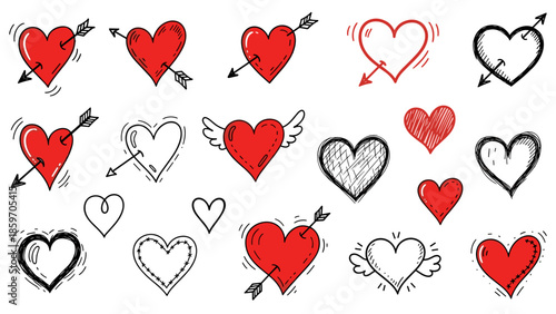 Collection of handdrawn hearts with arrows and wings in various styles and colors