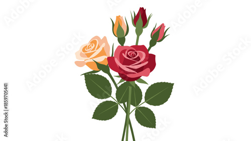 Colorful bouquet of roses with green leaves and buds