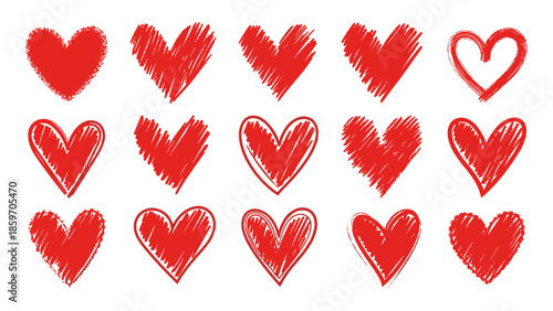 Collection of handdrawn red hearts in various styles on a for design use