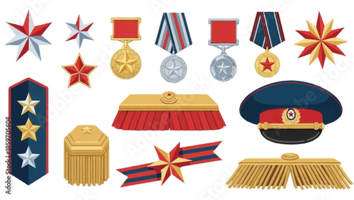 Military medals, badges, and insignia with stars and ribbons