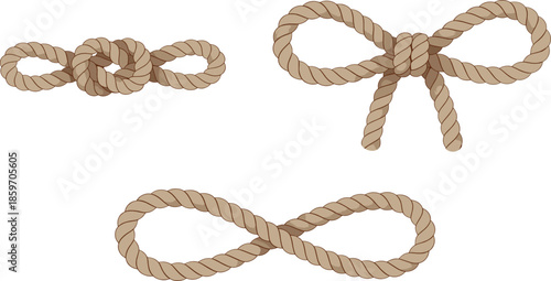 Set of nautical rope knot illustrations featuring a standard knot a decorative bow knot and an infinity symbol loop isolated on white.