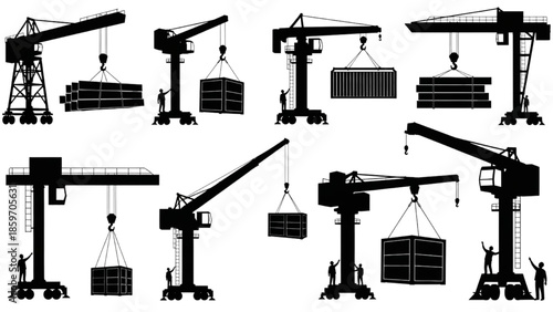 Collection of various construction cranes and workers handling heavy cargo containers, illustrating industrial logistics and development