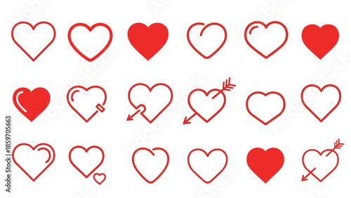 Collection of various heart icons in red and design
