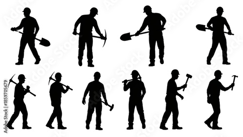 Dedicated workforce concept showcasing silhouette illustrations of essential workers performing manual labor with various tools