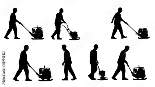 Vibrating Plate Compactor Operation by a Worker Silhouette Series Illustrating Ground Stabilization Process