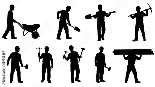 Dynamic collection of black silhouettes depicting manual workers engaged in various construction and building tasks, highlighting industry labor