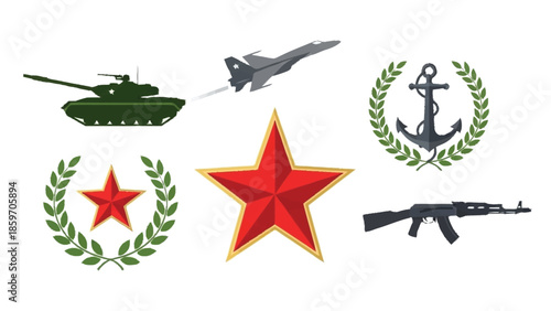 Military symbols including tank jet star anchor rifle and laurel wreaths