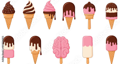 Set of ice cream and popsicle illustrations featuring chocolate dipped cones soft serve strawberry bars and a pink brain shaped popsicle on white.