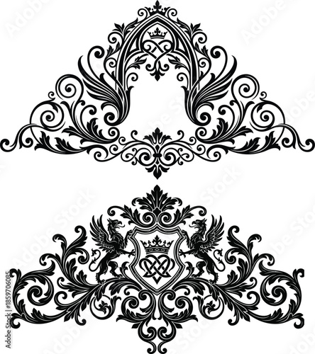 Ornate baroque scrollwork and heraldic crest with griffins, vintage decorative flourishes and royal emblems in black and white