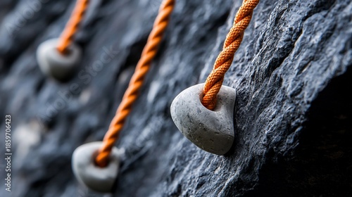 Climbing Wall Detail Orange Rope Through Holds on Textured Rock Face.