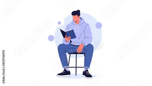 Young man sitting on a chair reading a book with a minimalist design and calming colors