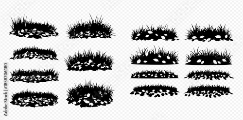 Set of grass silhouettes with stones on transparent background, detailed vector illustration of various grass clumps.