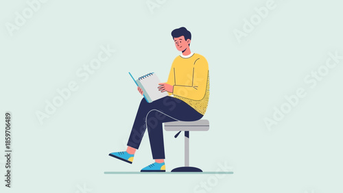 Young man sitting on a chair reading a notebook in a minimalistic setting