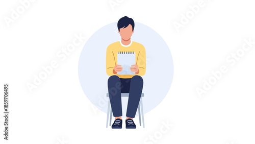 Young man sitting on a chair reading a notepad with a blank background and casual attire