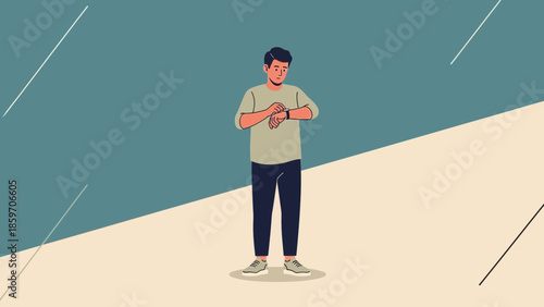 Young man standing outdoors checking his watch in a minimalistic digital illustration scene