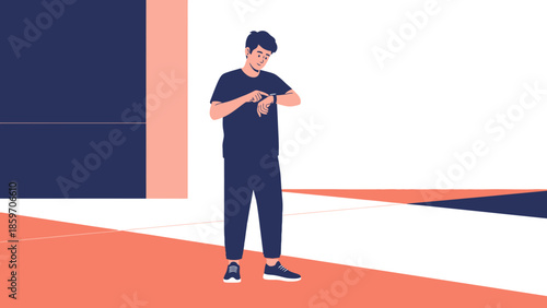 Young man standing outdoors checking his smartwatch on a colorful modern geometric background