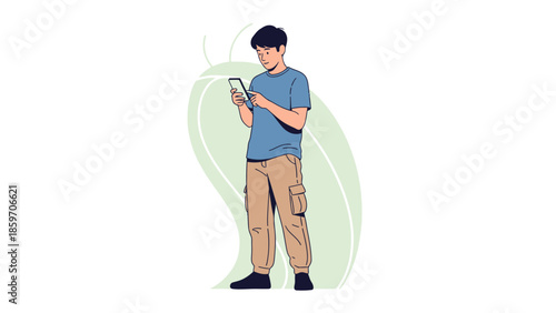 Young man standing outdoors engrossed in his smartphone using casual attire and background greenery