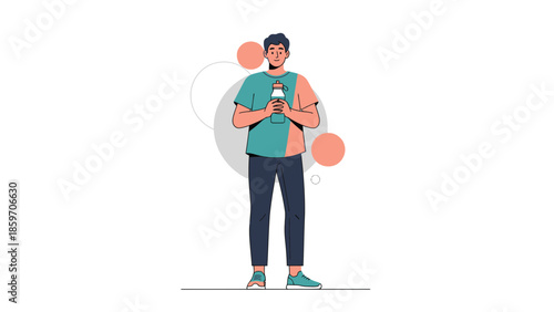 Young man standing outdoors enjoying a refreshing drink on a casual day in a modern illustration