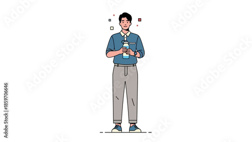 Young man standing with a smartphone in hand, casual attire and modern illustration style