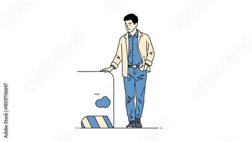 Young man standing outdoors near construction barrier with thoughtful expression