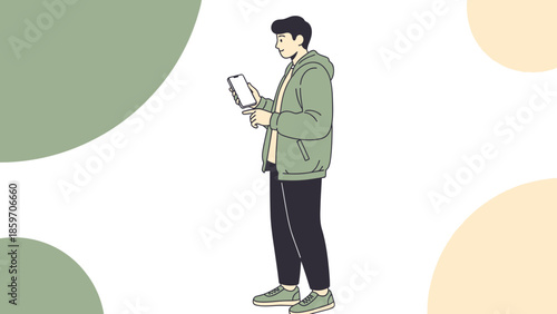 Young man standing with casual outfit using mobile phone in a modern minimalistic background