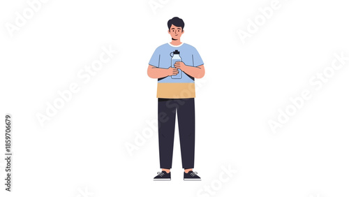 Young man standing with sunglasses and water bottle on a plain white background