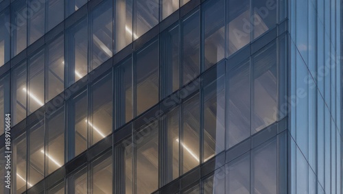 Modern Glass Skyscraper Facade with Illuminated Interior Details.