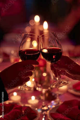 Romantic Dinner With Candlelight and Toasting Glasses of Red Wine at a Festiv...
