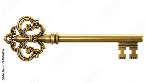 Golden ornate key with decorative handle isolated on transparent background