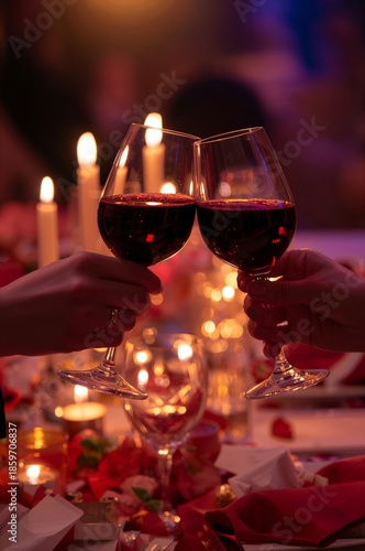 Romantic Dinner With Candlelight and Toasting Glasses of Red Wine at a Festiv...
