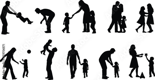 Silhouette Collection of Happy Families and Parents Playing with Children Including Walking Swinging and Hugging for Parenting and Family Concepts