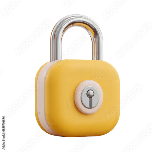 Yellow 3D security padlock icon isolated on transparent background