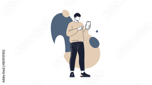 Young man using smartphone standing with abstract shapes in minimal style illustration