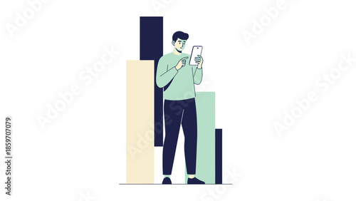 Young man using smartphone while standing next to ascending bar graph illustration