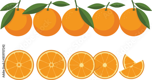Set of fresh orange fruit illustrations featuring whole oranges with green leaves and round citrus slices isolated on white background.