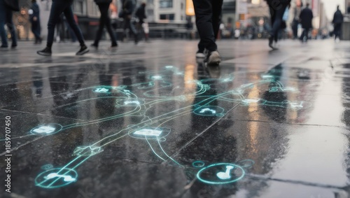 Digital music notes projected on wet pavement with people walking.