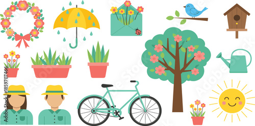Spring garden vector set featuring a floral wreath umbrella birdhouse blossoming tree teal bicycle and cute smiling sun icon isolated.